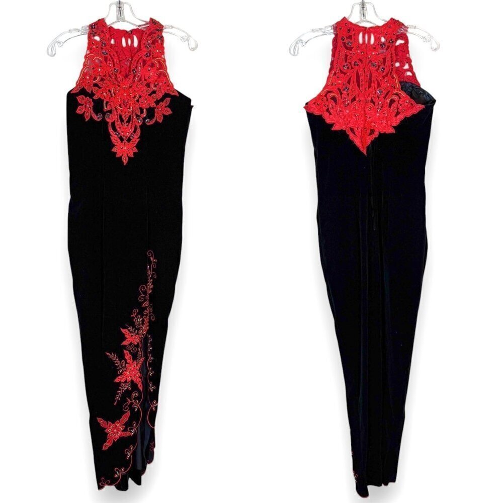 Vintage Cheongsam Qipao Dress Gown Black Velvet Red Long Maxi Hand Sewn Lace XS - Picture 12 of 12